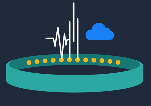 A modern graphic illustrating smart headband data connection. A stylized heartbeat graph connects to a circular data display, conveying connectivity and health insights. Clean, teal and blue design.
