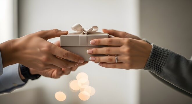 Two hands exchanging a gift box with a bow, symbolizing generosity and thoughtful giving in a heartwarming gesture