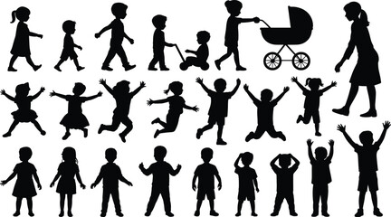 Fototapeta premium Children growth stages silhouette collection, kids walking playing jumping with stroller, childhood development lifestyle concept
