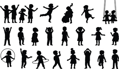 Fototapeta premium Children playing silhouette collection, kids dancing jumping swinging and music activities, happy childhood lifestyle concept