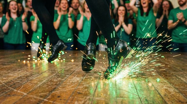 Irish dancers performing with sparks flying from their shoes on a wooden stage for St. Patricks Day celebration. Traditional Celtic dance performance.