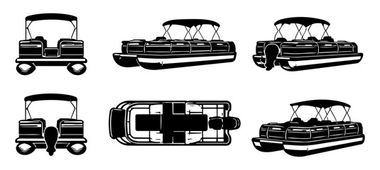Pontoon Boat Multiple View Silhouette Vector Set Isolated on White © Mediasegment