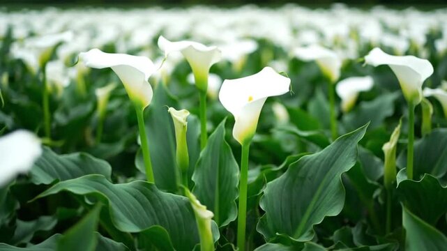 A serene video showcasing a field of beautiful white calla lilies swaying gently in the natural light