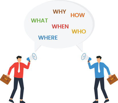 business analysis, strategic planning, critical thinking, problem solving, essential questions, two businessmen, communication strategy, corporate discussion, flat design, megaphone announcement, aski