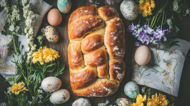 Flat lay of traditional Easter bread and eggs with flowers and decorative napkins.