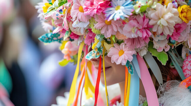 A close-up of a beautifully decorated Easter bonnet adorned with flowers and ribbons, capturing the intricate details and creativity of the parade participants