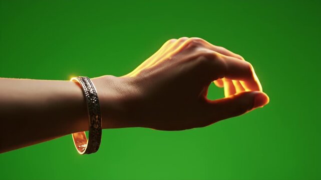 Medical liquid poured from vial onto outstretched hand with bright rim lighting on green background close up