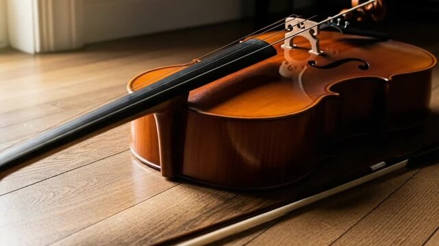A beautiful cello resting on a wooden floor with its bow.