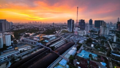 Fototapeta premium Spectacular Bangkok Skyline at Sunset - A Vibrant Urban Panorama.