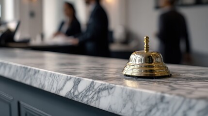 Close-Up of a Golden Bell on a Marble Reception Desk Signaling Service in a Modern Hotel Lobby with Staff in Background