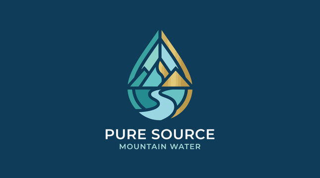 This logo features a droplet shaped like a mountain landscape, symbolizing pure water sources and appealing to brands related to natural beverages or water products.