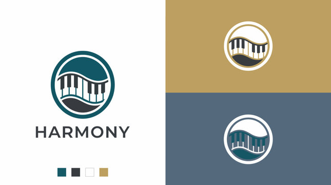 This logo design combines a circular shape with piano keys against a wave backdrop, symbolizing the flow of music and the harmony it brings to life.