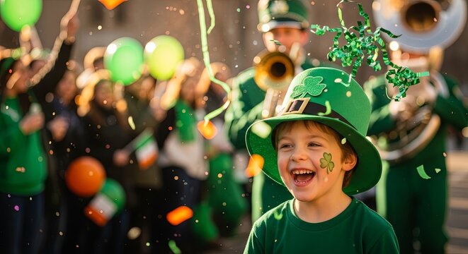 Happy child with a green St. Patricks Day hat and shamrock on cheek in confetti shower. Celebration of Irish culture and tradition.