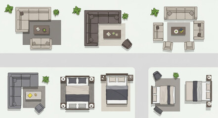 Top-down view of various interior design layouts showcasing furniture arrangements and room concepts.
