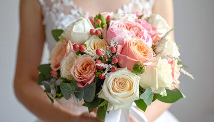 Bridal Bouquet with Roses and Peonies Close-Up