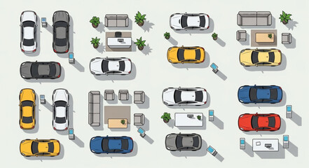 Overhead view of various cars and furniture arrangements, top-down perspective.