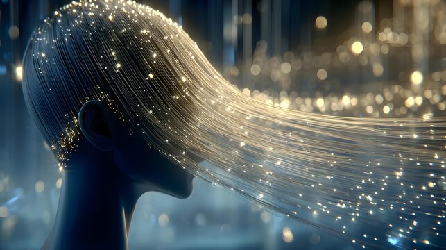of a woman whose hair transitions into a waterfall of glowing fiber optic threads and sparkling lights