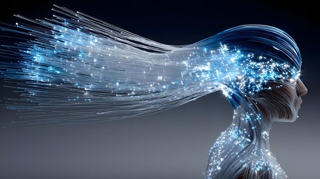 of a woman whose hair transitions into a waterfall of glowing fiber optic threads and sparkling lights