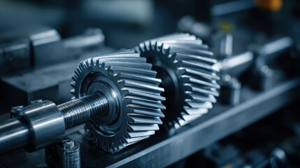 Fototapeta premium Close-up View of Precision Metal Gears in a Modern Industrial Machinery Setting, Showcasing Intricate Design and Engineering Excellence