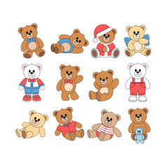Obraz premium Set of cute teddy bear vector characters, colorful toy bear mascots in various outfits and poses for kids