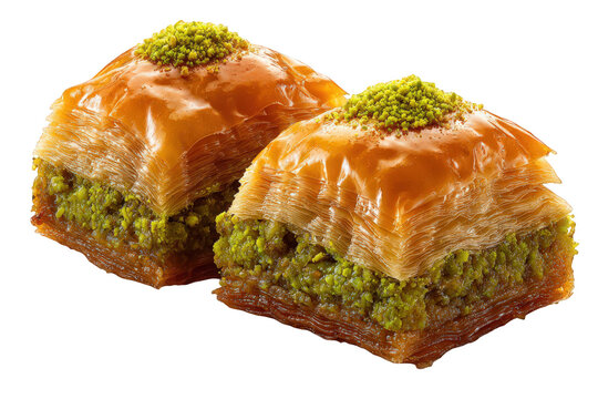 Golden baklava with pistachios sliced dessert sweet pastry food isolated on transparent background