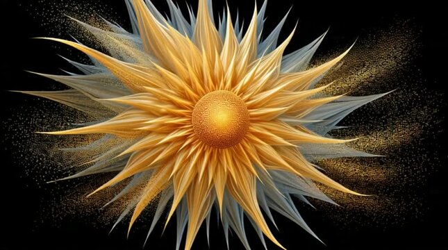 Vibrant flower illustration on dark background with abstract yellow and gray petals, viewed from directly above