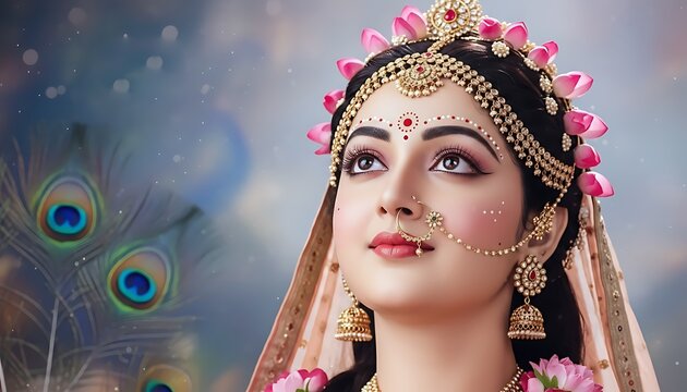 Divine Radha Goddess Portrait with Peacock Feathers Glow