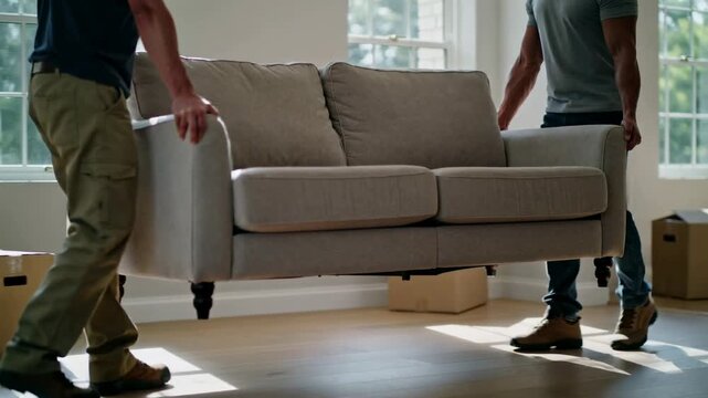 Two professional movers carrying a sofa into a new home with moving boxes, relocation and delivery service.