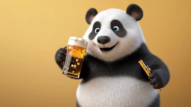Cheerful panda enjoying beer with snack on yellow background. Saint Patrick's Day, St Paddy's Day, St Patty's Day - Irish National Holiday and Cultural Celebration