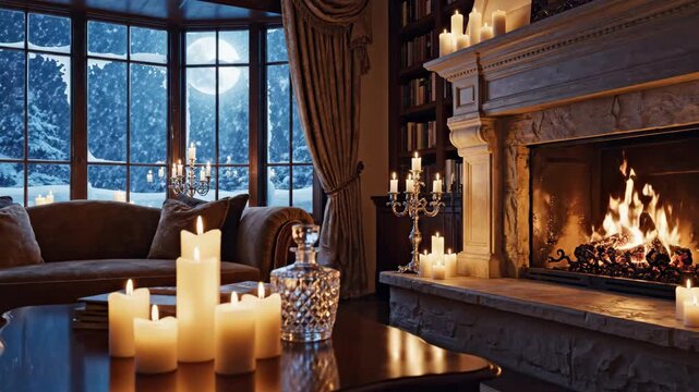 Luxurious living room interior with roaring fireplace and winter scene outside bay window