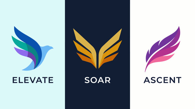 A triad of visually striking logos, symbolizing elevation, soaring aspirations, and ascendant journeys through elegant and dynamic bird and feather motifs in vibrant hues.