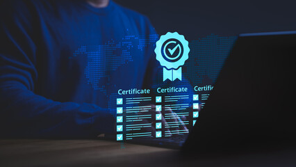 Professional using laptop for digital online certification, ISO standards compliance, and quality...