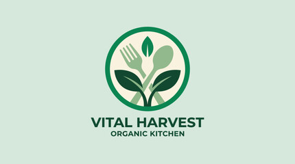 This wholesome logo design for an organic kitchen features elements of nature, representing nourishment and a commitment to healthy eating and sustainable practices. © Miaochan