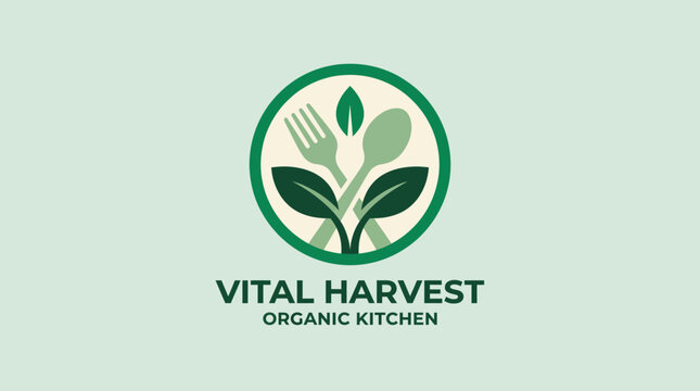This wholesome logo design for an organic kitchen features elements of nature, representing nourishment and a commitment to healthy eating and sustainable practices.