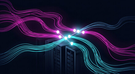 Glowing neon lines intersect above a dark cityscape at night with vibrant pink and blue lights