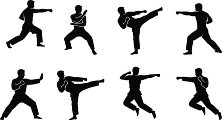 Martial arts fighter silhouettes collection with punches and kicks, karate taekwondo combat action vector illustration set © Nurul