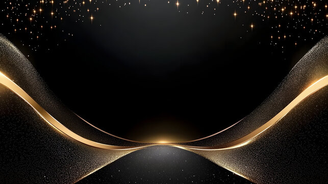 Elegant flyer design featuring black background with golden waves and sparkling stars, perfect for corporate gala night promotion. luxurious and sophisticated theme enhances event prestige