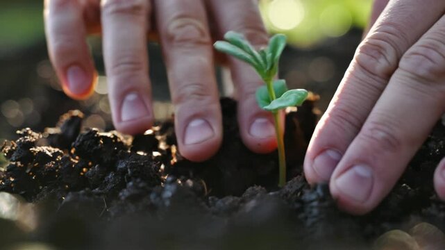 Close up of hands planting a green seedling in fertile soil and watering it during sunset, symbolizing growth, sustainability, and environmental care