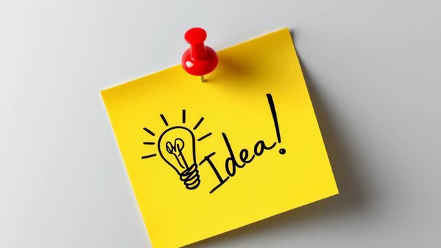 Yellow sticky note with a light bulb illustration and the word "Idea!" pinned to a gray surface, showcasing a creative concept in a minimalistic setting