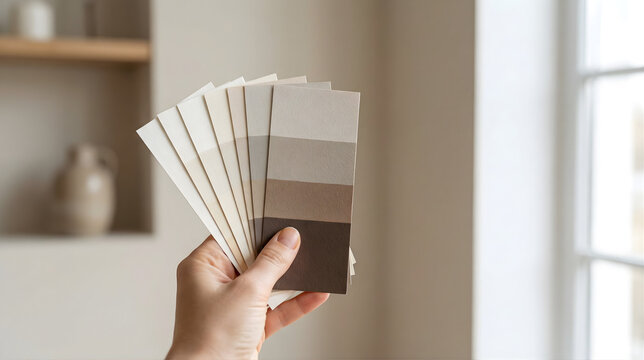 Hand holding neutral beige and brown paint color swatches for interior design home renovation