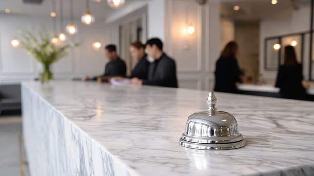 Elegant hotel reception desk featuring a shiny bell, marble countertop, and attentive staff engaged in customer service at a modern hospitality venue