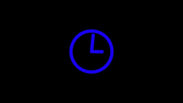 A simple graphic depicts a bright blue clock face showing approximately ten past ten set against a solid black background high quality