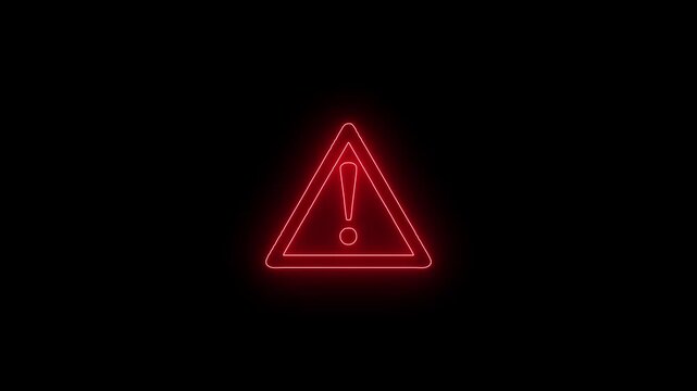 A vibrant red neon warning sign shaped as a triangle with an exclamation point glows brightly against a stark black background