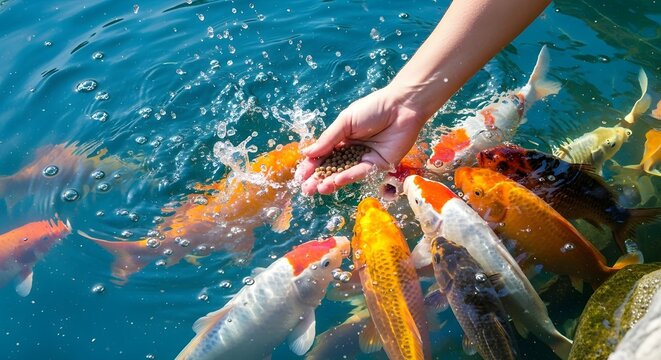 Hand feeding ornamental koi fish with pellets in a  blue pond water