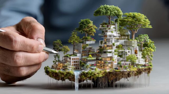 Hands design sustainable city plan with miniature model featuring greenery and modern structures for future living