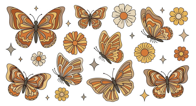 A collection of retro-style illustrations featuring various butterflies and flowers in warm, earthy tones.