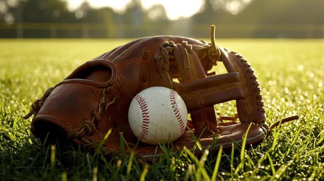 A baseball glove and ball sit on a lush green field at sunset