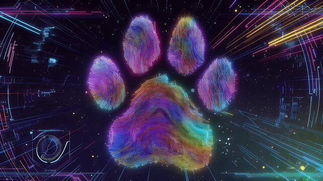 Futuristic neon paw print with digital tech elements