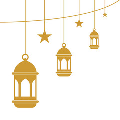 Obraz premium Golden Islamic Lantern and Star Border Flat Design Ramadan and Eid Mubarak Frame. 