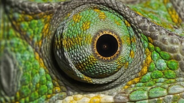 Chameleon eye blinks and moves, showing intricate details. Its scaly skin features vibrant green and yellow patterns. A fascinating reptile macro closeup.